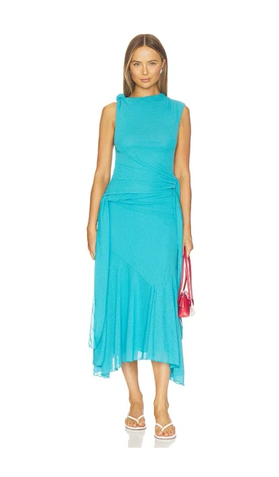 Ganni Marl Mesh Draped Knot Detailing Long Dress In Blue
