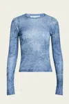 Ganni Marl Mesh Long Sleeve Crew Neck Blouse In Denim