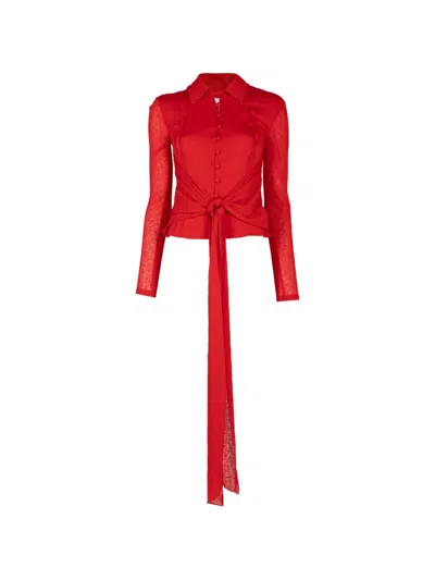 Ganni Marl-mesh Tie-fastening Blouse In Red