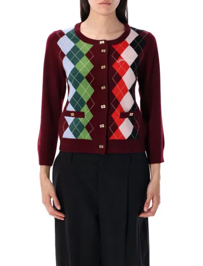 GANNI MAROON ARGYLE-PATTERN CARDIGAN