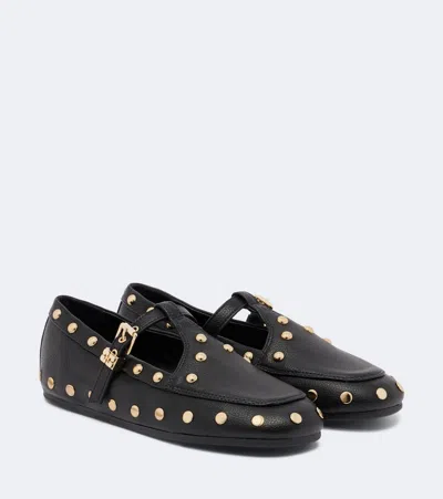 Ganni Mary Jenny Studded Ballerinas In Pebbled Leather In Black