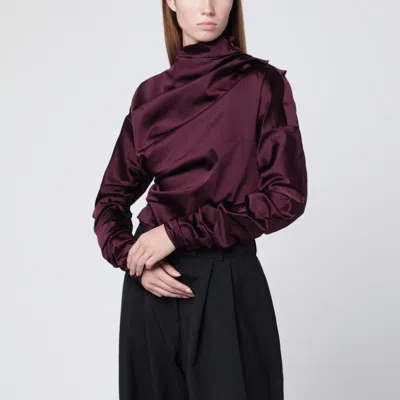 Ganni Satin Blouse With Draped Detail And High Neck In Burgundy