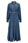 Ganni Blue Long Dress With Adjustable And Removable Waist Belt In Cotton Blend Woman