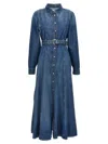 Ganni Blue Long Dress With Adjustable And Removable Waist Belt In Cotton Blend Woman