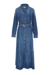 Ganni Blue Long Dress With Adjustable And Removable Waist Belt In Cotton Blend Woman In Blue