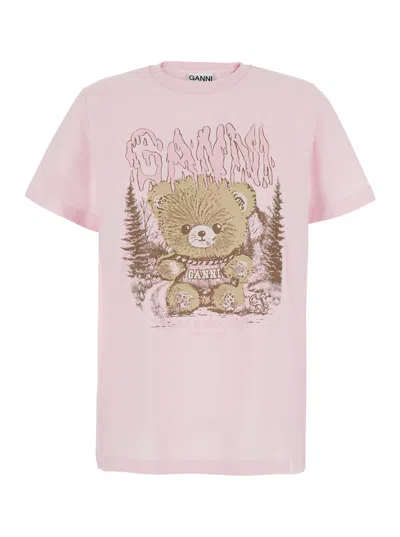 Ganni Maxi Print Cotton Round Neck T-shirt With Short Sleeves For Women In Pink