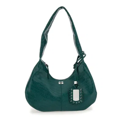 Ganni Medium Bou Green Shoulder Bag With Crocodile Leather Effect And Logo Plaque In Leather