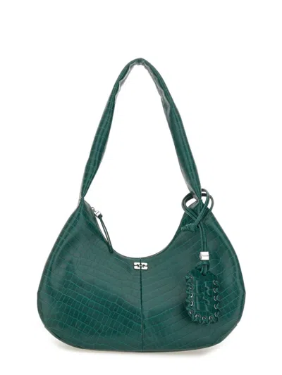 Ganni Medium Croco Hobo Bag In Green