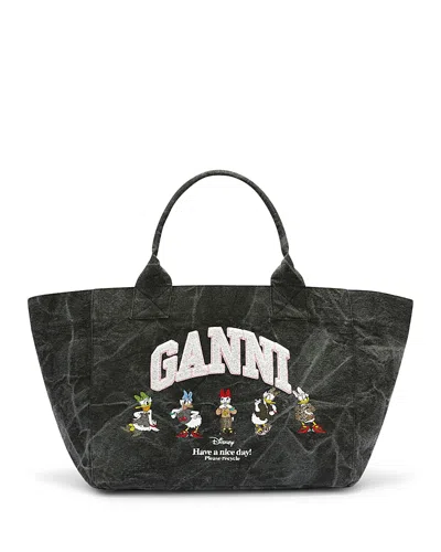 Ganni Medium Daisy Duck Bleached Canvas Tote In Black