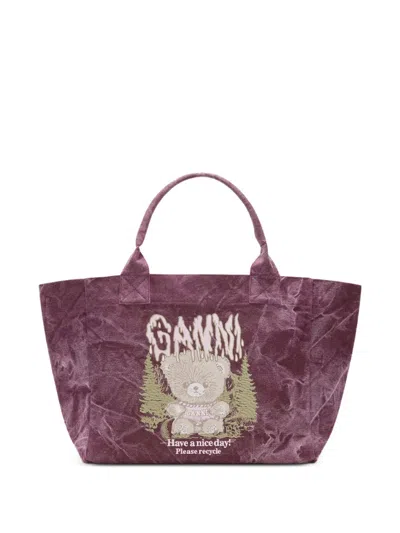Ganni Mittelgrosse Tote Bag Mit Print In Purple