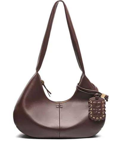Ganni Medium Logo-debossed Shoulder Bag In Brown