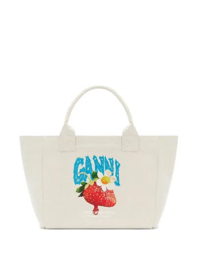 Ganni Medium Strawberry-print Tote Bag In Pink