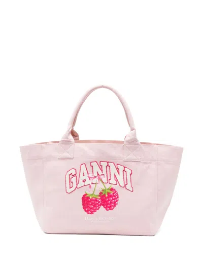Ganni Logo-patch Raspberry-print Tote Bag In Pink