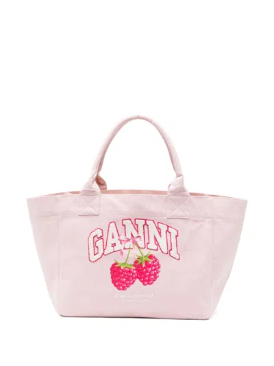 Ganni Medium Trapeze Shopper Bag -  - Cotton - White In Pink
