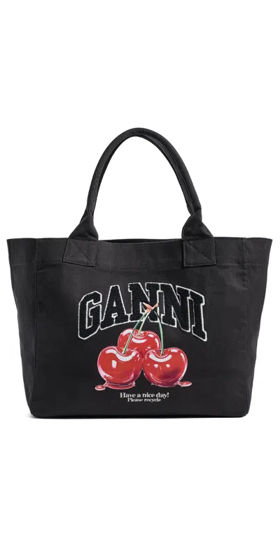 Ganni Medium Trapeze Shopper Cherry Printed Tote Phantom In Black