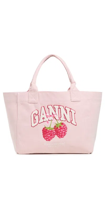 Ganni Medium Trapeze Shopper Raspberry Print Tote Egret In Pink