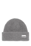 Ganni Womens Logo-patch Wool-blend Beanie Hat Paloma Melange In Gray