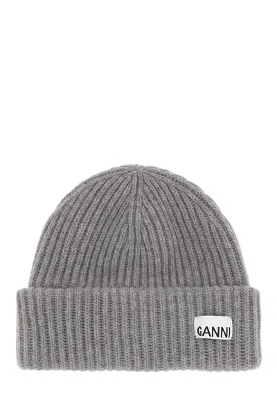 GANNI MELANGE GREY WOOL BLEND BEANIE HAT