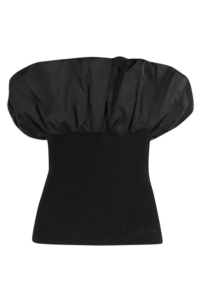 Ganni Black Ribbed Knit Top With Off-shoulder Design