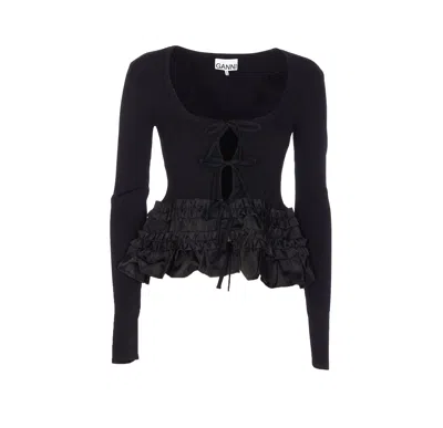 Ganni Melange Rib Knit Cardigan In Black