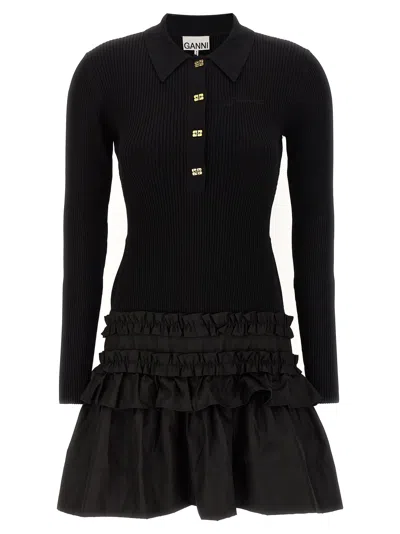 Ganni Melange Rib Knit Mini Dress In Black