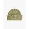 Ganni Mens Nile Monogram-plaque Ribbed Stretch-wool Blend Beanie In Green
