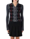 Ganni Grey Sweater With Classic Collar And Check Motif On The Front In Wool Woman