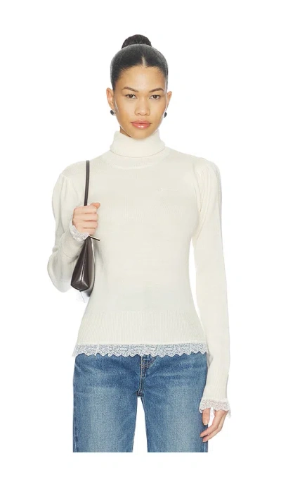 Ganni Merino Turtleneck With Lace Details Sweater In Egret
