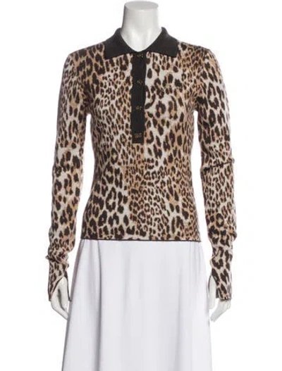 Pre-owned Ganni Merino Wool Animal Print Polo W/ Tags In Neutral