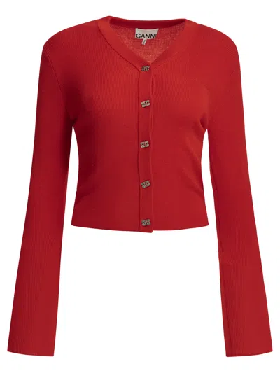 Ganni Merino Wool Cardigan Long Sleeves V Neckline In Red