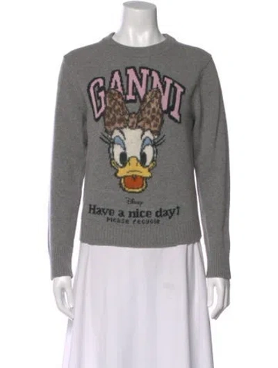 Pre-owned Ganni Merino Wool Graphic Print Sweater In Gray