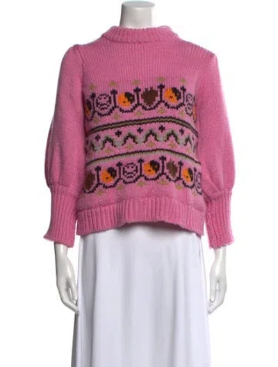 Pre-owned Ganni Merino Wool Graphic Print Sweater In Pink