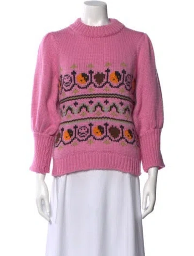 Pre-owned Ganni Merino Wool Graphic Print Sweater In Pink