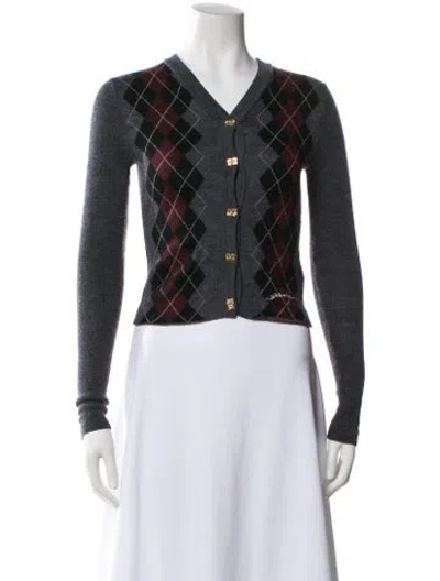 Pre-owned Ganni Merino Wool Plaid Print Sweater In Gray