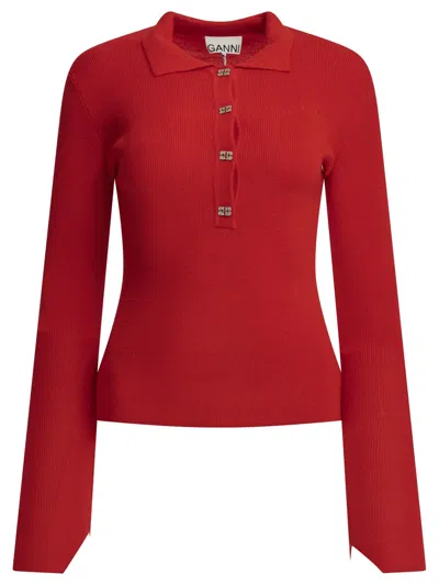 Ganni Merino Wool Polo Sweater In Multi
