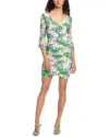 Ganni Short Sleeve Printed Mesh U-neck Ruched Mini Dress In Green