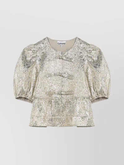 GANNI METALLIC BLOUSE WITH PUFF SLEEVES AND BOWS