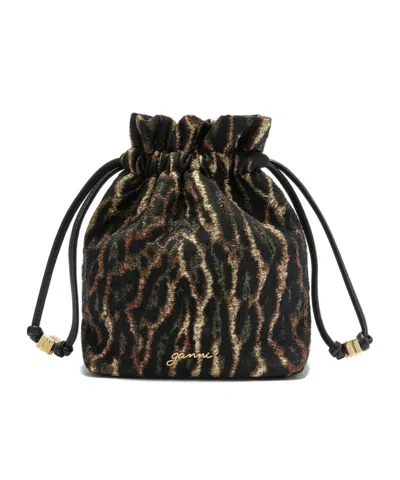 Ganni Metallic Bou Bucket Cloque Pouch Bag In Black