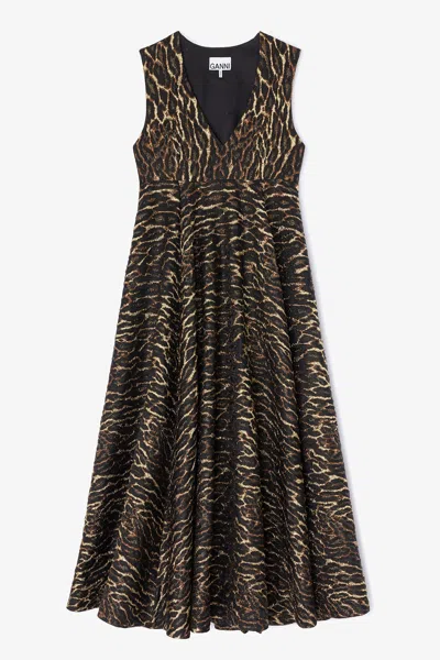 Ganni Metallic Cloque Long Dress - Size 40 Bronze In Animal Print