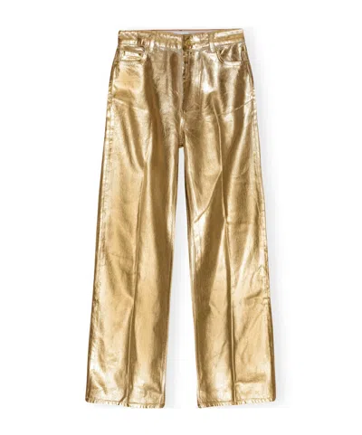 Ganni Metallic-effect Cotton Jeans In Gold