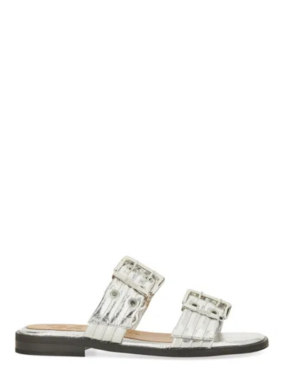 Ganni Silver Metallic Feminine Buckle Two-strap Sandals