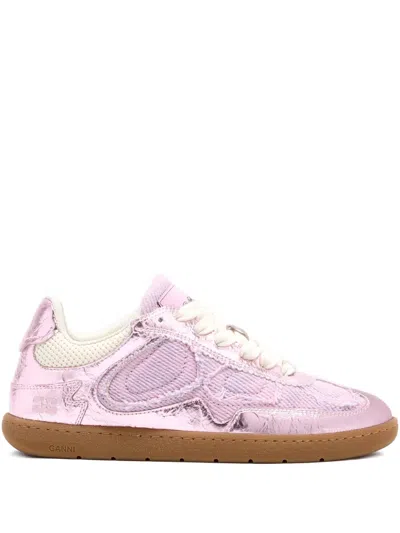 Ganni Metallic-finish Sneakers In Pink