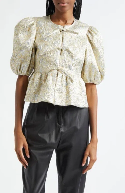 Ganni Metallic Blouse With Puff Sleeves And Bows In Silver