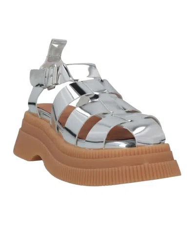 Ganni Metallic Leather Fisherman Sandals In Silver