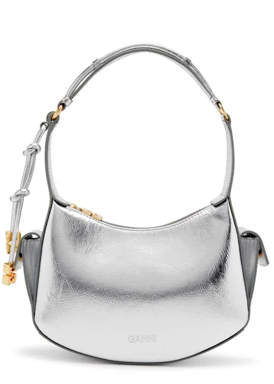 Ganni Metallic Leather Shoulder Bag In Silver