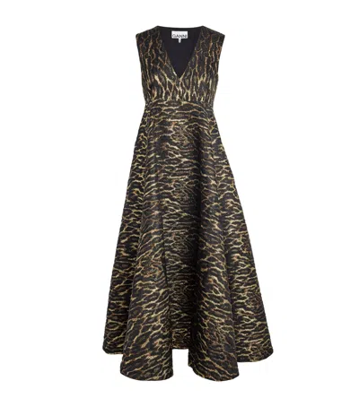 Ganni Metallic Leopard Jacquard Maxi Dress In Brown