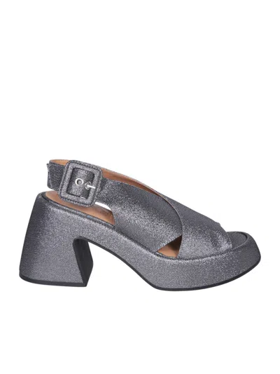 Ganni Metallic Slingback Sandals With Heel In Gray