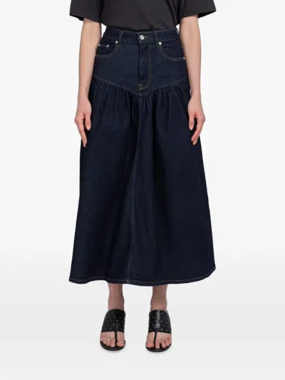 Ganni Mid Gathered Denim Skirt In Blue