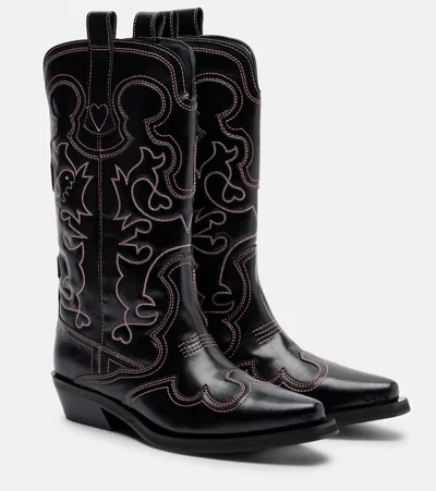 Ganni Mid Shaft Embroidered Cowboy Boots In Black
