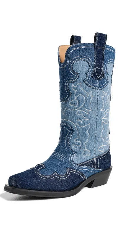Ganni Mid Shaft Embroidered Denim Western Boots Mid Blue Vintage